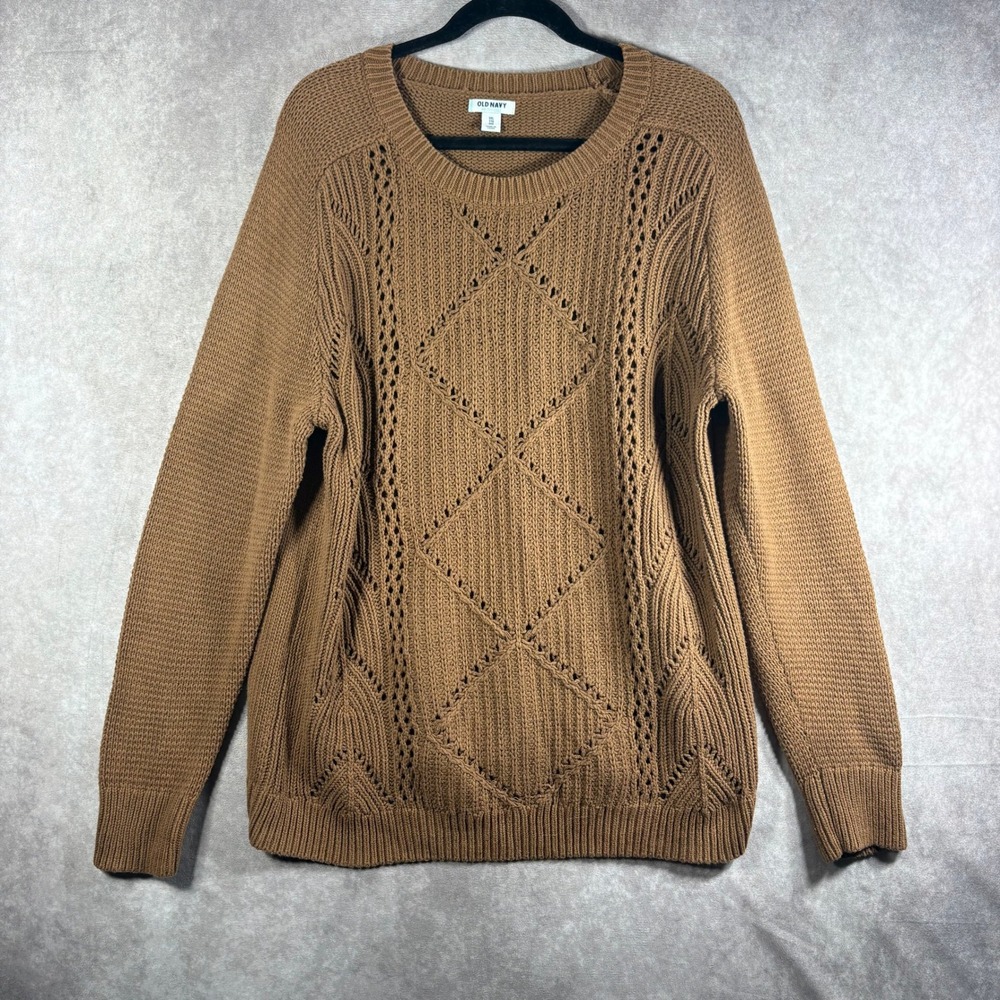 Old Navy Sweater Womens XXL Brown Diamond Pointelle Knit Crew Long Sleeve Boho